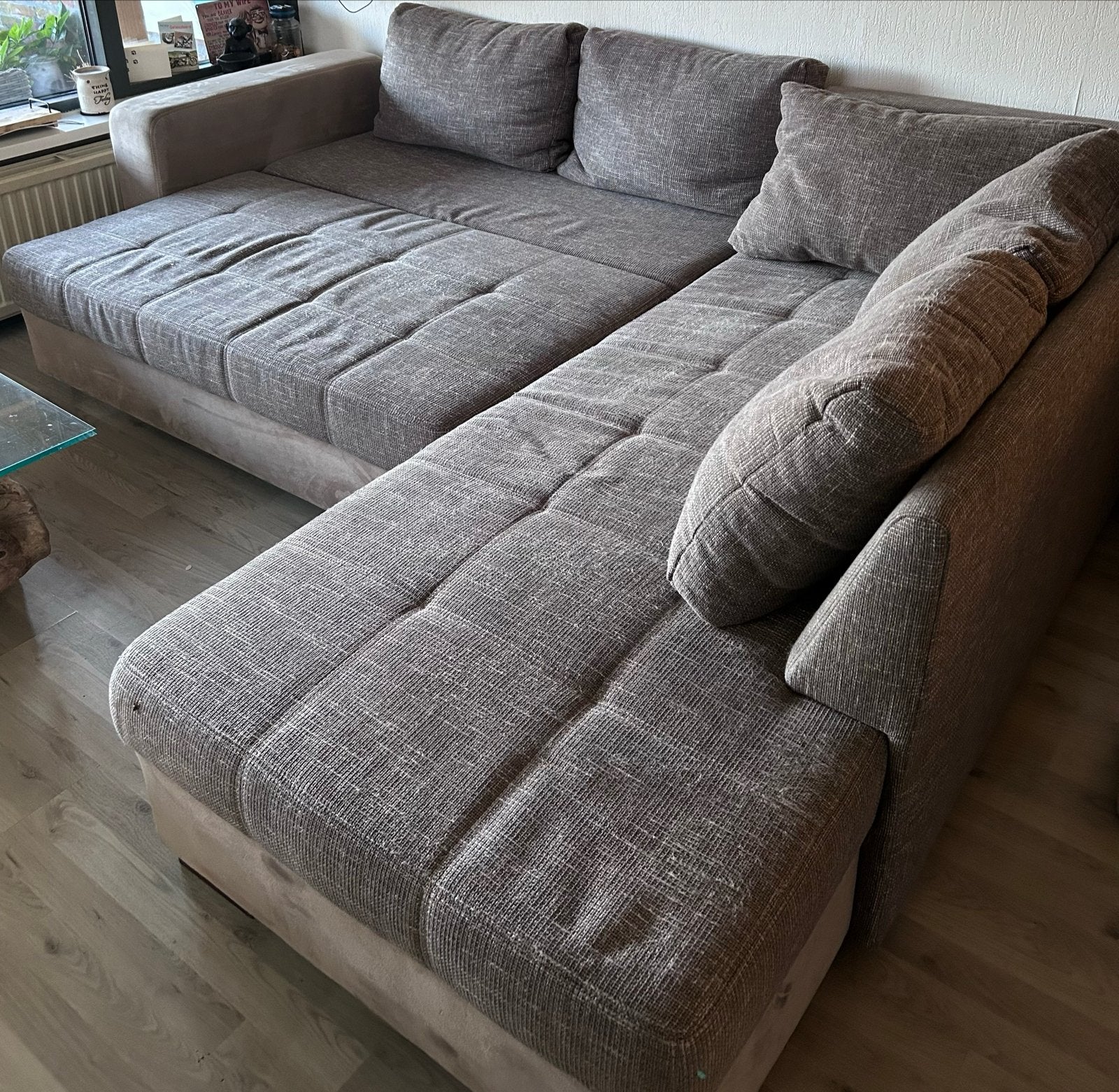 Comfortabele Hoekbank - Grijs/Bruin, Ophalen, 250 tot 300 cm, Hoekbank, Zo goed als nieuw