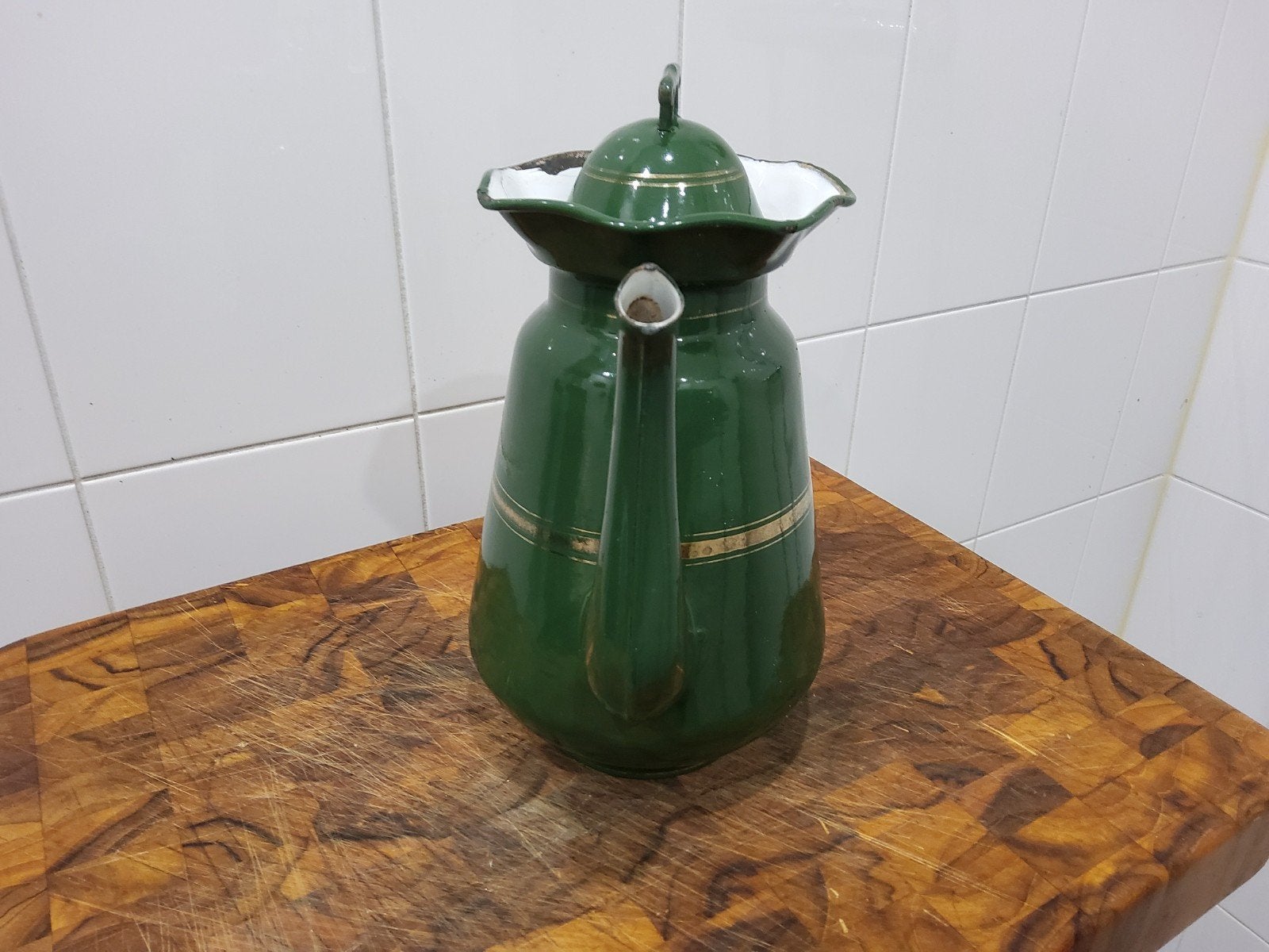 Donkergroen emaille koffiekan  met schaatshandvat, Ophalen of Verzenden