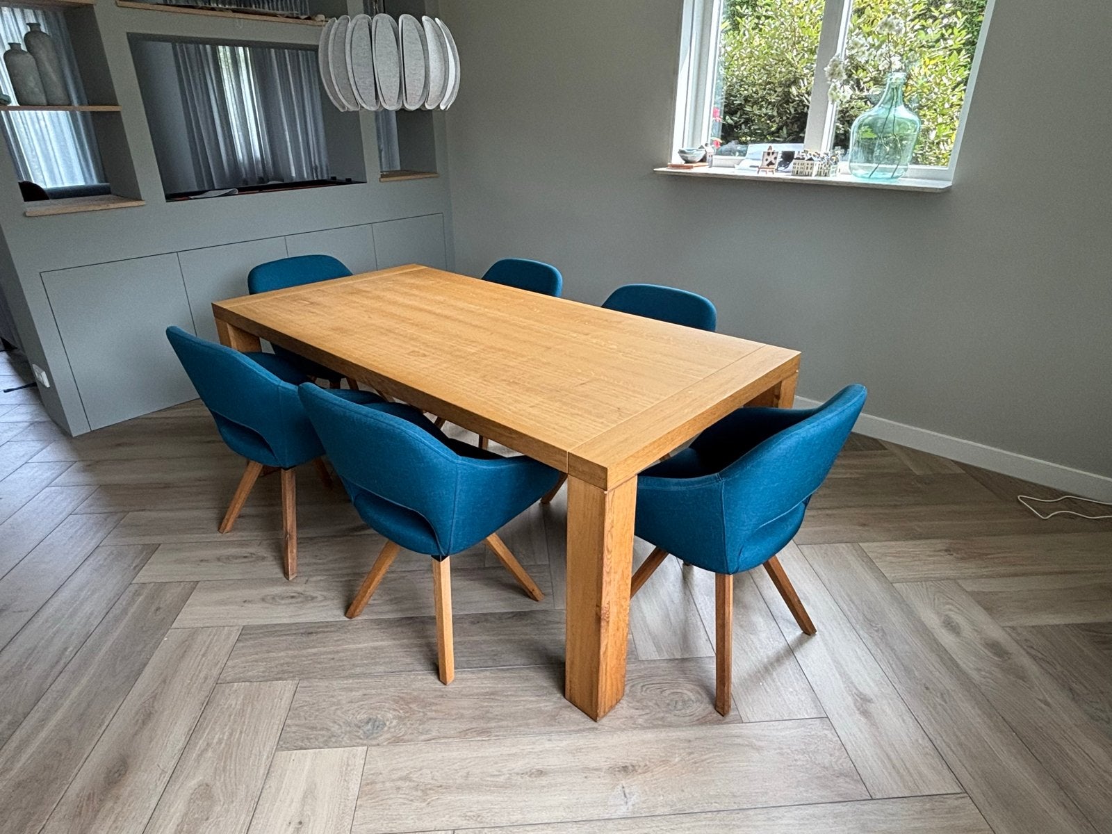 Eiken eettafel met 6 kuipstoelen, Ophalen, Gebruikt, Eikenhout, 50 tot 100 cm