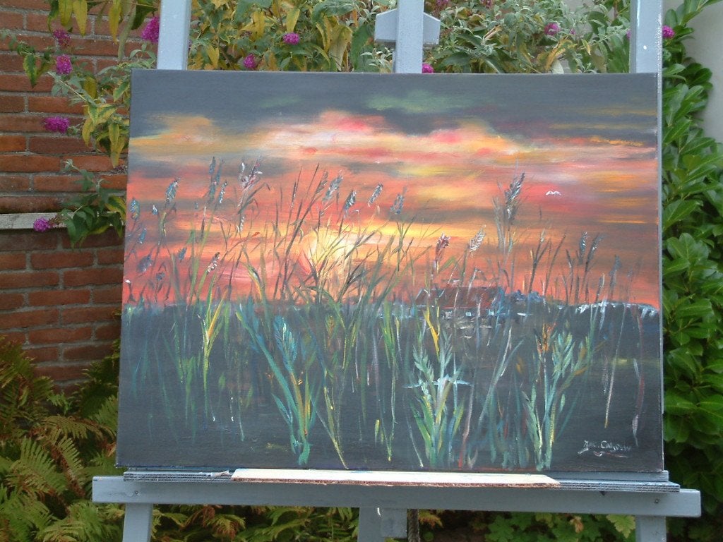 zonsondergang  80 x 60 cm olie verf, Antiek en Kunst, Doek, Ophalen of Verzenden, Landschap, Olieverf