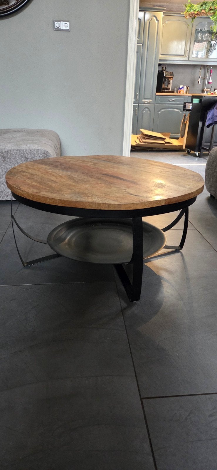 Ronde salontafel van mangohout en metaal, Huis en Inrichting, Gebruikt, 50 tot 100 cm, Rond, 50 tot 100 cm
