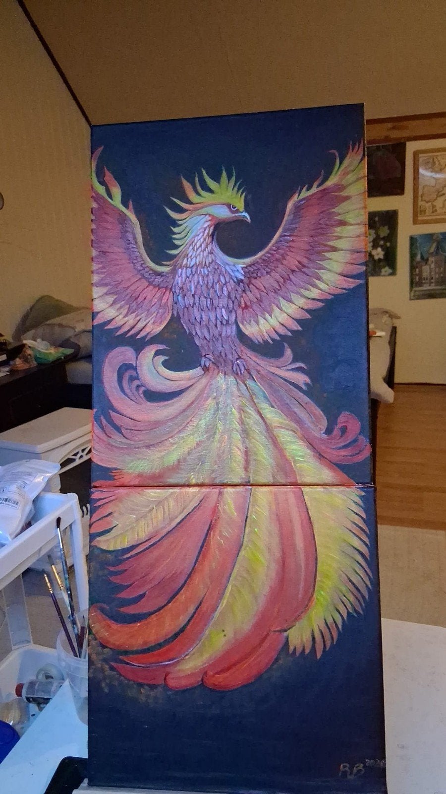Feniks schilderij met fluorescerende verf - Rubbena Barredo, Antiek en Kunst, Kunst | Schilderijen | Klassiek, Ophalen of Verzenden