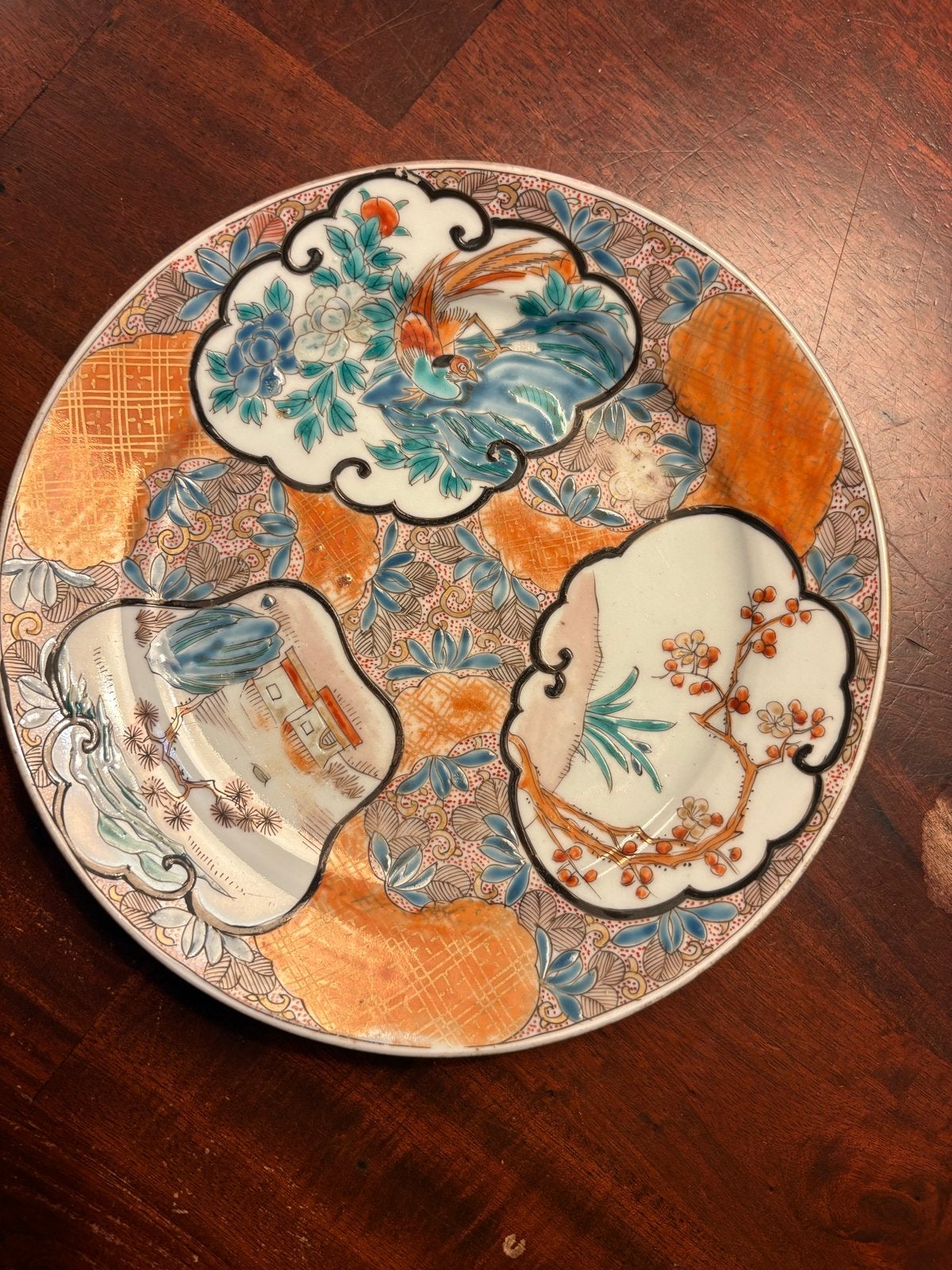 Antiek Japans Imari porseleinen bord met vogeldecor, Ophalen