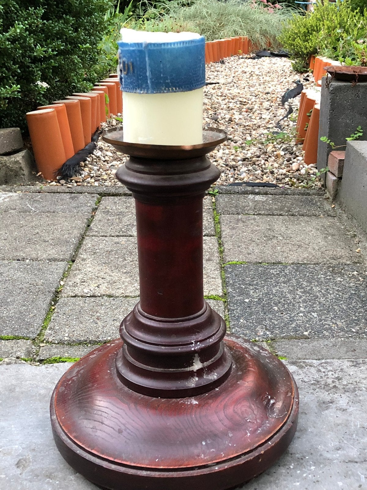 Kandelaar van hout met kaars, Gebruikt, 38 cm, Bruin, Overige merken