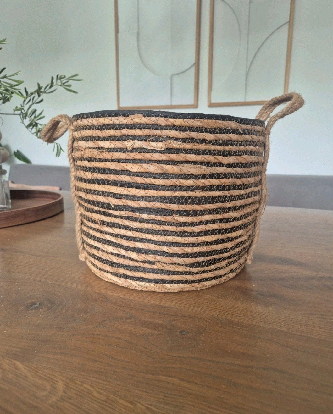 Gestreepte Mand van zeegras met Handvaten (30x24 cm), Ophalen of Verzenden, Zo goed als nieuw, Riet, Mand