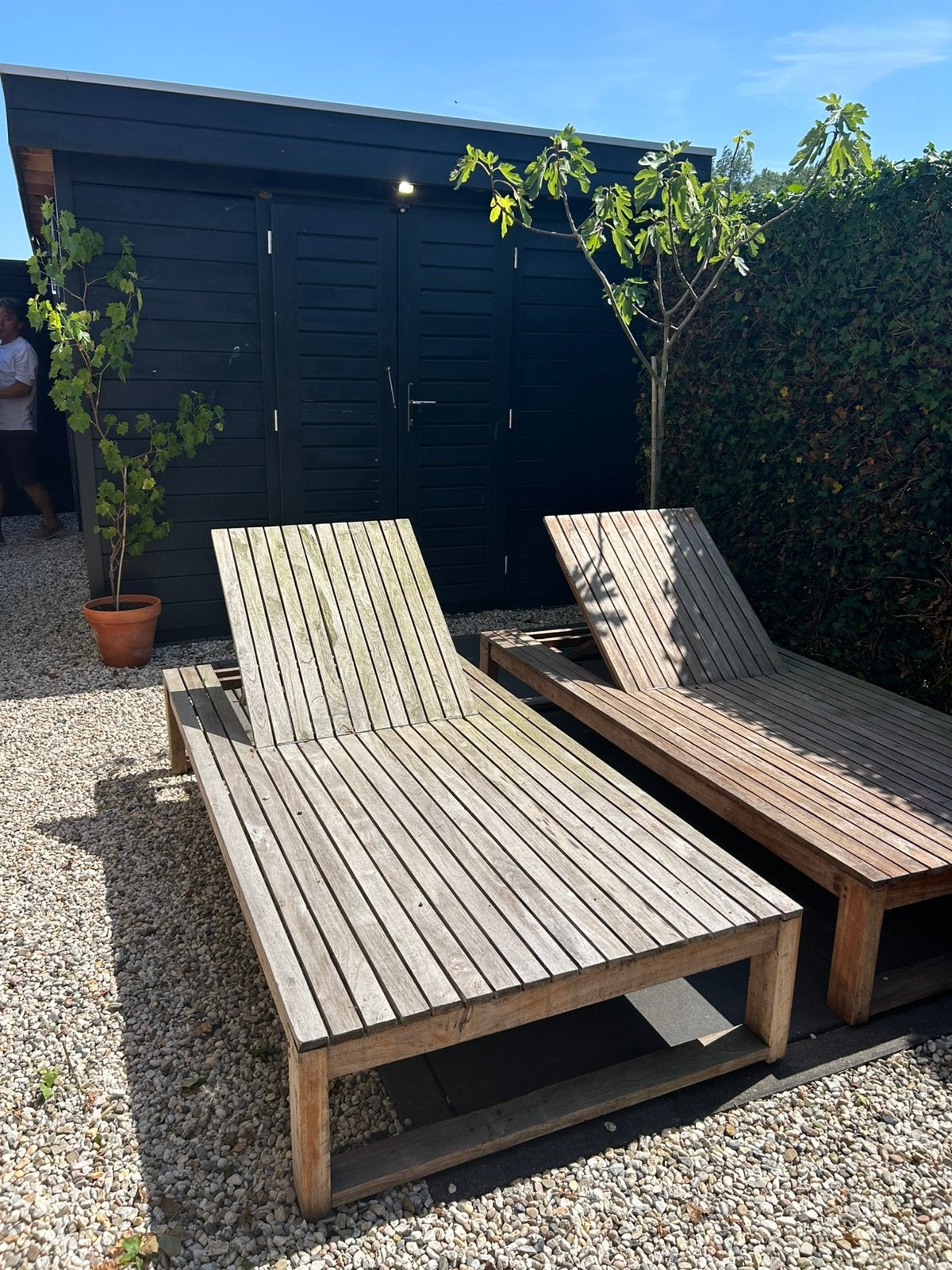 Teak ligbedden 2 st, Ophalen, Gebruikt, Teakhout, Verstelbaar