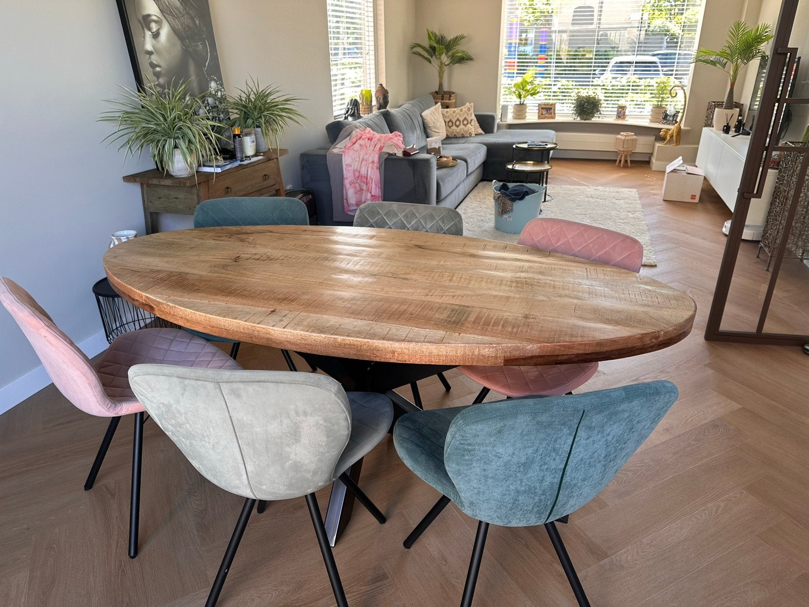 Ovale mangohouten eettafel met 6 stoelen, Ophalen, Gebruikt, 100 tot 150 cm, 200 cm of meer