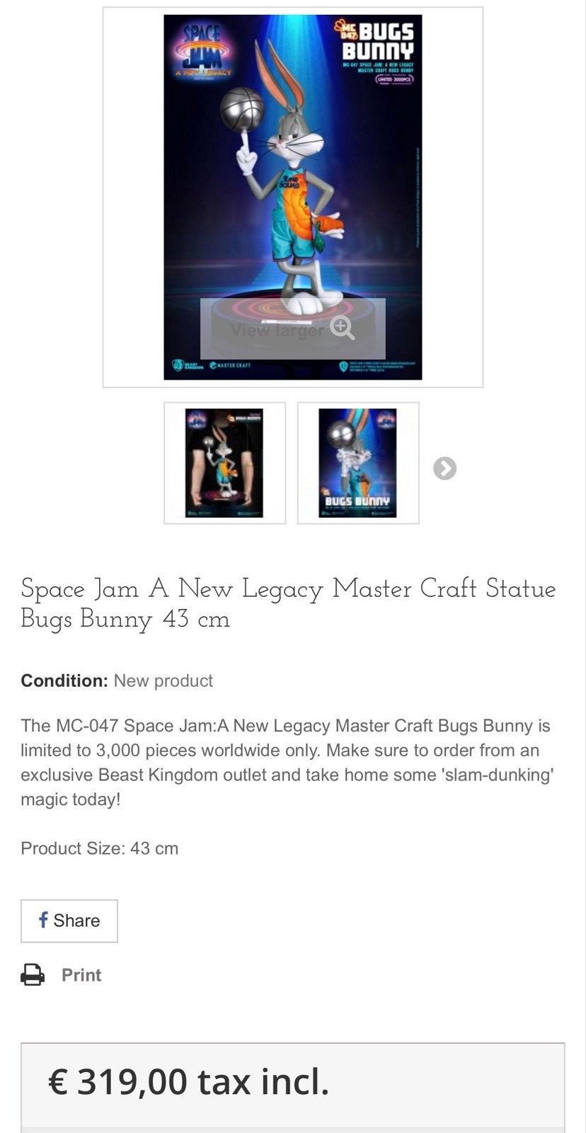 Space Jam Bugs Bunny Master Craft Beeld - Limited Edition, Ophalen, Nieuw, Beeldje of Figuurtje