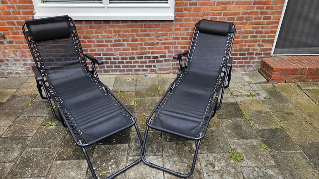 2x Zwarte verstelbare relaxstoelen, Tuin en Terras, Ligbedden, Inklapbaar, Ophalen