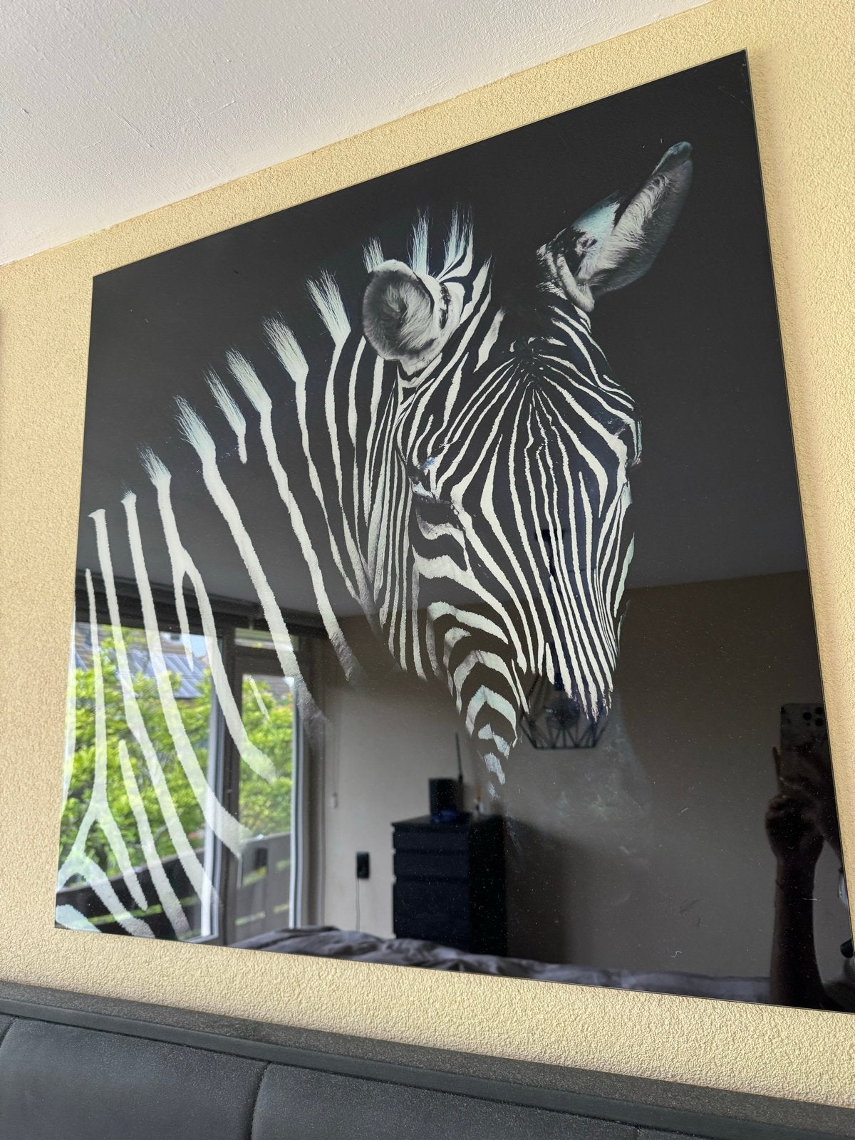 wanddecoratie 80x80: Zebra op glas, Ophalen
