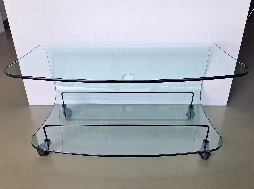 Fiam Italia design glazen tv-meubel sidetable gebogen glas, Ophalen, Modern design, Gebruikt, 50 tot 100 cm