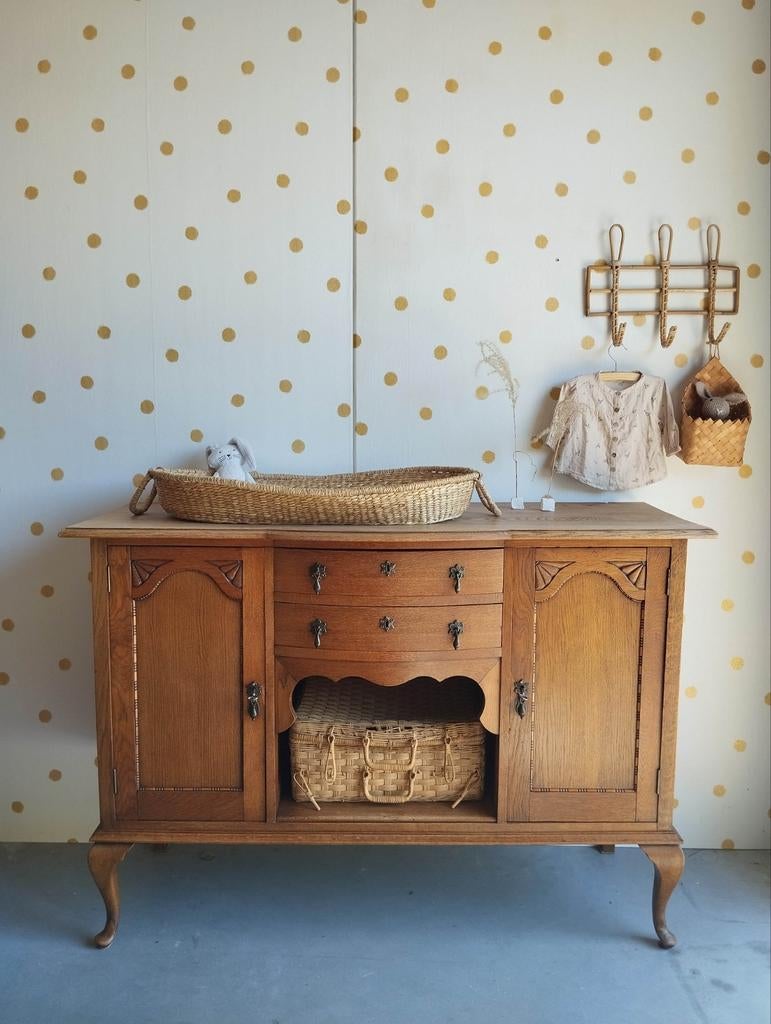 Vintage dressoir Queen Ann / massief hout / antiek /Art Deco, Gebruikt, 100 tot 150 cm, Eikenhout, Ophalen of Verzenden