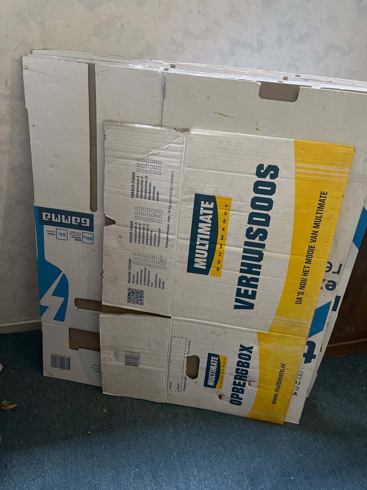 5 gebruikte verhuisdozen van Multimate en Gamma, Ophalen, 40 tot 60 cm, Opvouwbaar, 50 tot 75 cm