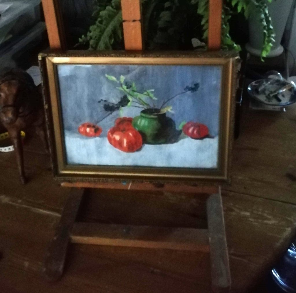 Oud schilderijtje canvas in lijst bloemen stilleven, Ophalen of Verzenden