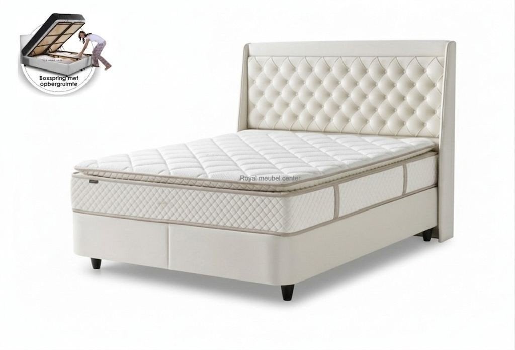 SALE-Boxspring Rixos opbergbed set Velvet stof ecru kleur, Ophalen, 180 cm, Hout, Nieuw