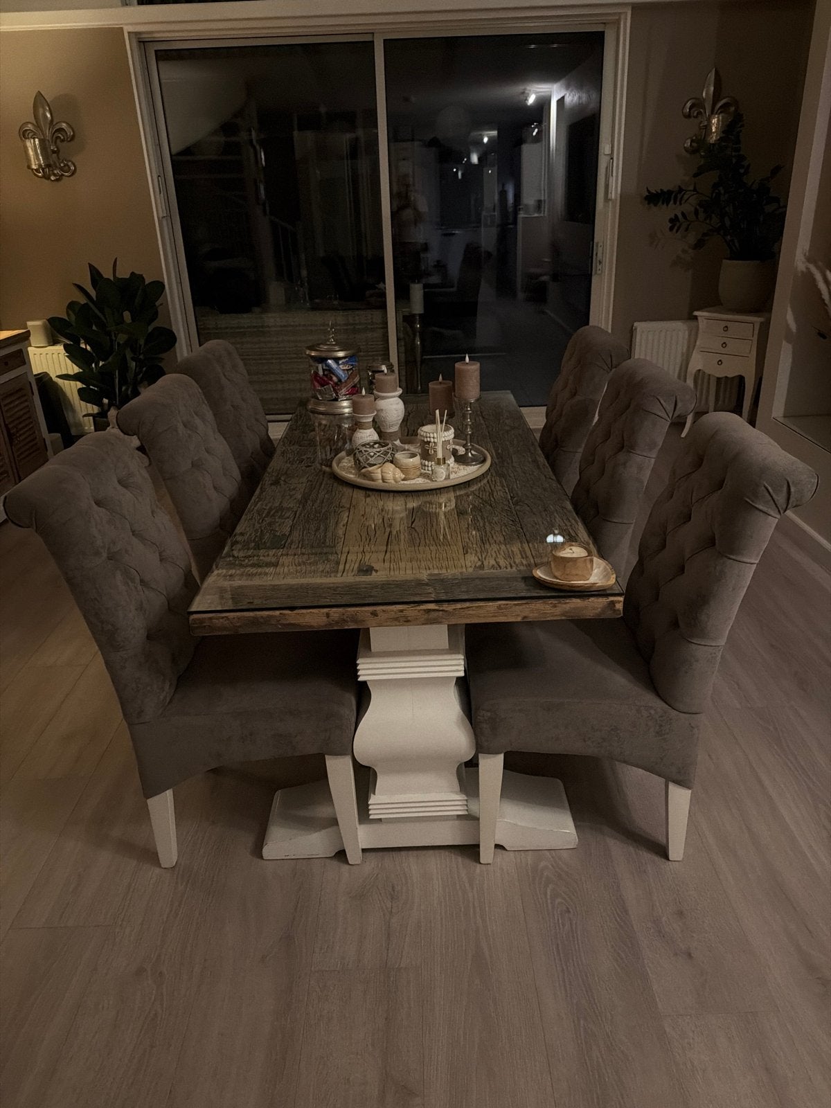 6x Grijze Velvet Eetkamerstoelen - Goede Staat, Huis en Inrichting, Gebruikt, Ophalen of Verzenden, Vijf, Zes of meer stoelen
