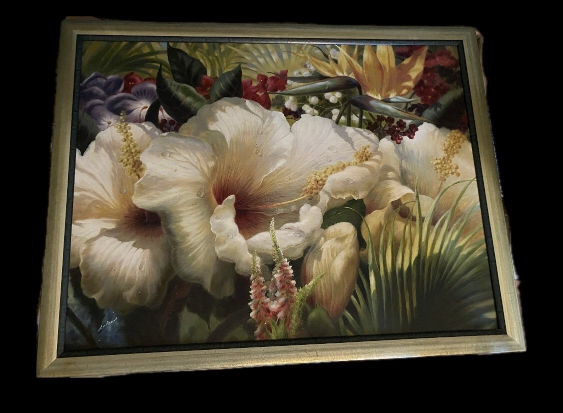 Bloemschilderij olieverf met kunststof lijst (83x110 cm), Antiek en Kunst, Ophalen, Ingelijst, Olieverf, Bloemen