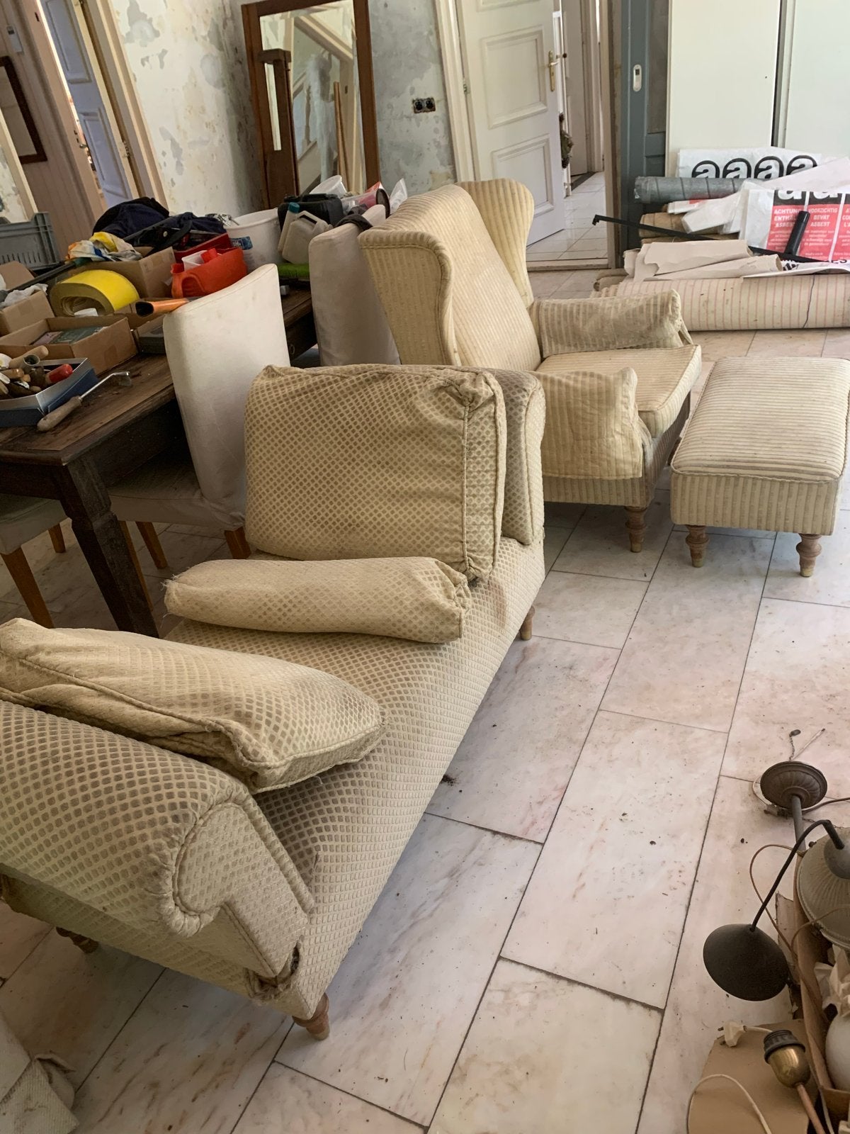 Vintage bankstel: bank, fauteuil en poef, Ophalen, Gebruikt, 150 tot 200 cm, Tweepersoons