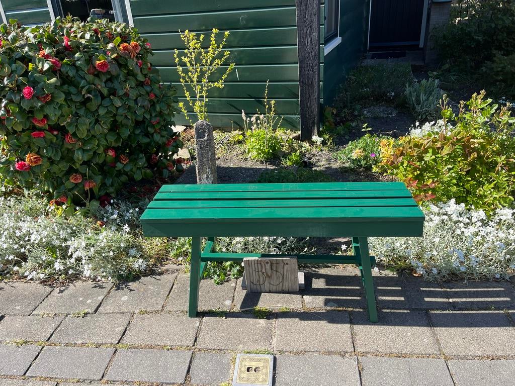 Groene houten bank - 105x30x47 cm, Tuin en Terras, Ophalen, Gebruikt, Hout