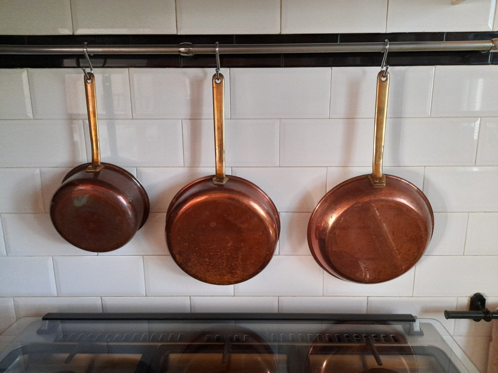 Koperen pannenset met RVS binnenkant - 3 stuks, Met handvatten, Pannenset, Ophalen of Verzenden, Koper
