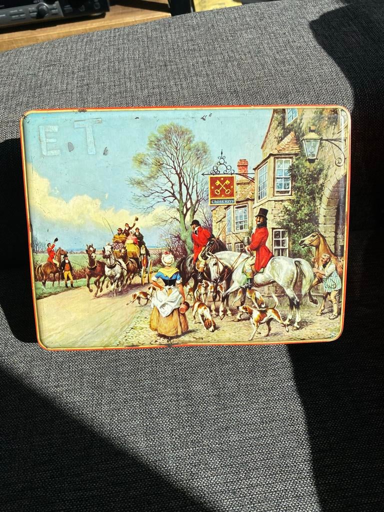 Vintage blikken trommel met jachtscène Champ Clark & Lugano, Ophalen of Verzenden, Gebruikt, Koek(jes), Overige merken