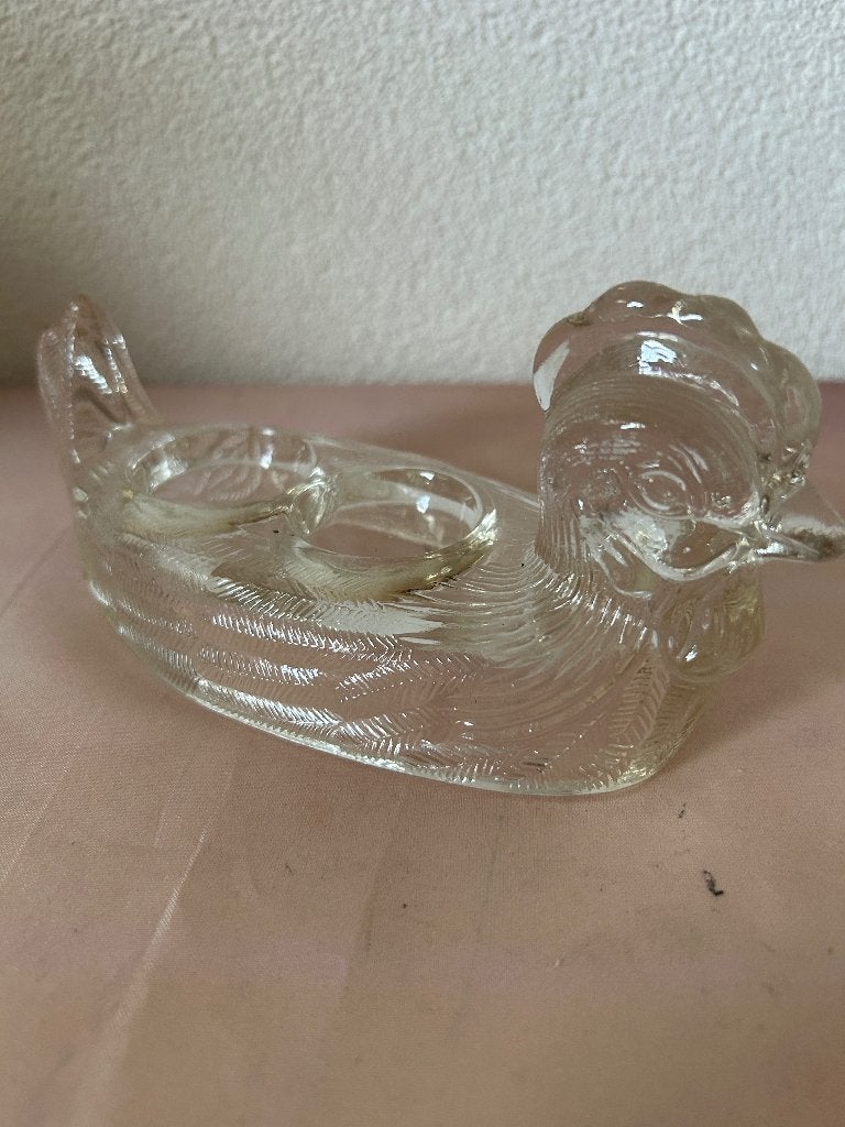 Vintage glazen eierdopjes kip en haan set persglas, Ophalen of Verzenden