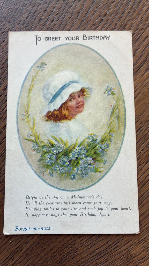 Felicitatie. Meisjesportret met vergeet-mij-nietjes, Ophalen of Verzenden, Sterren en Beroemdheden