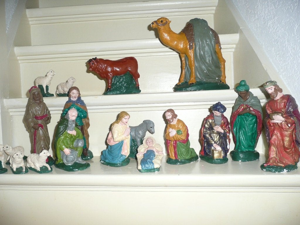 Antieke van gips handgemaakte kerstgroep., Diversen, Ophalen of Verzenden, Gebruikt