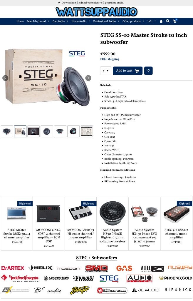 STEG SS-10 Master Stroke 10 inch subwoofer High end, Hifi-Focus, Aalsmeerderweg 173 1432 CL, Aalsmeer, Nieuw, Ophalen of Verzenden