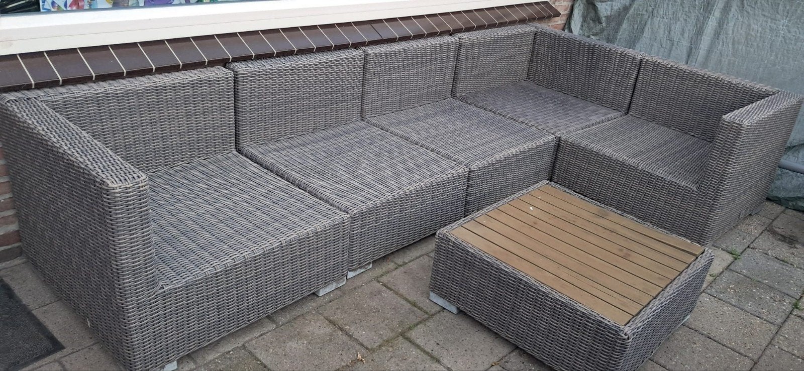 Modulaire hoekloungeset met tafel - Wicker grijs, Tuin en Terras, Ophalen, 5 zitplaatsen, Gebruikt, Bank