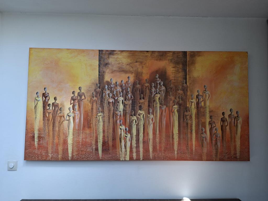 Groot schilderij met abstracte figuren in warme tinten, Antiek en Kunst, Kunst | Schilderijen | Modern, Ophalen