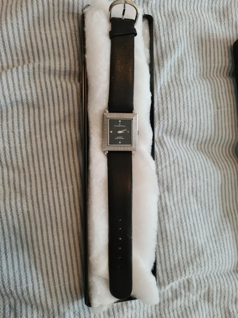 Christian Philips horloge met zwart leren bandje, Sieraden, Tassen en Uiterlijk, Horloges | Heren, Ophalen of Verzenden, Leer