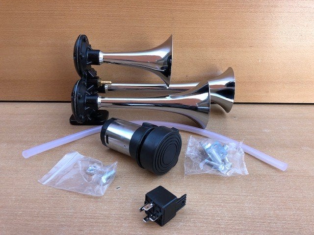 Luchthoornset 3 tonig chroom met compressor., Eddiys, Espel, Nieuw, Info@eddiys.eu