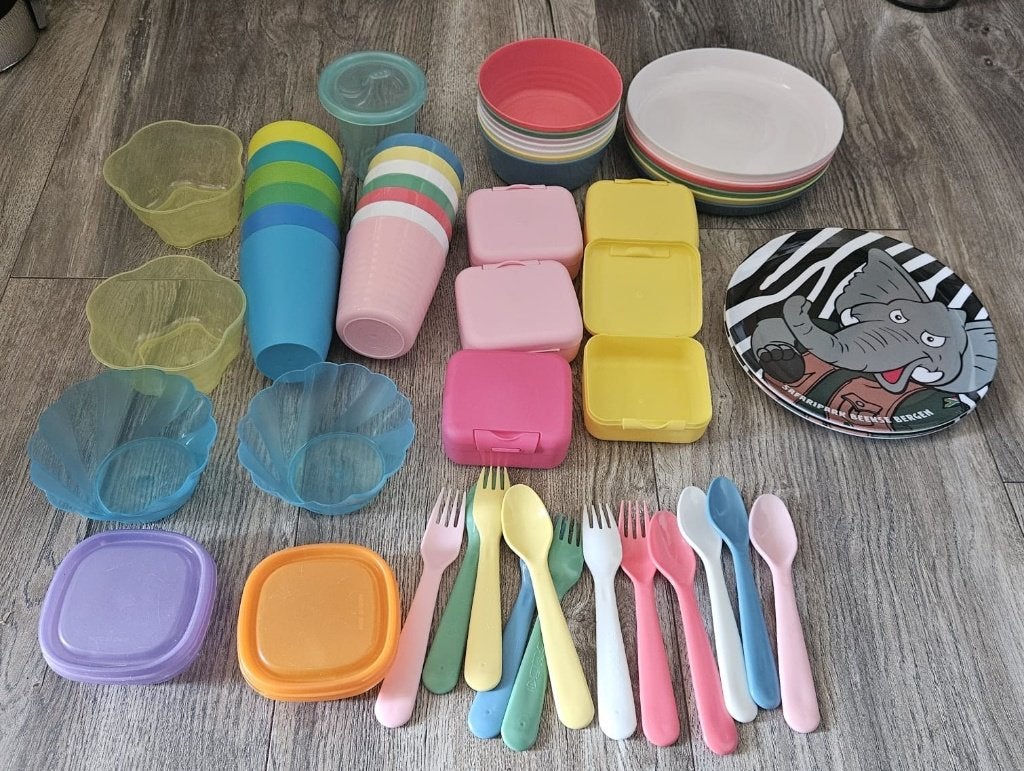51 Delig plastic servies in handige opbergzak, Ophalen of Verzenden, Nieuw