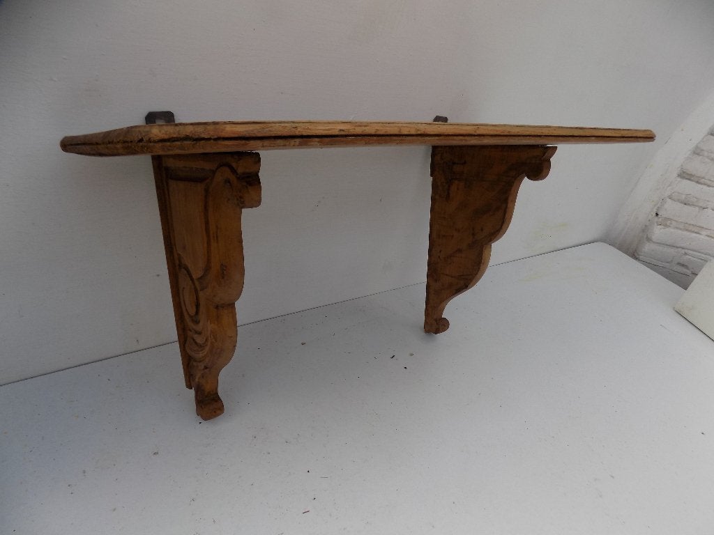 Vintage houten wandplank met sierlijke steunen, Ophalen of Verzenden, Gebruikt, Hout