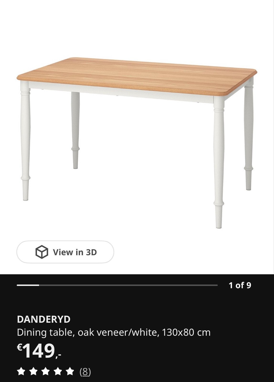 DANDERDYD Eettafel, eikenfineer/wit, 130x80 cm, Ophalen, 100 tot 150 cm, Eikenhout, 50 tot 100 cm