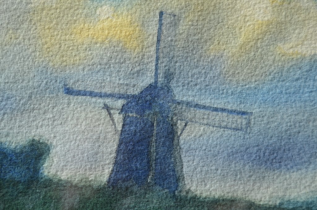 Aquarel Ton van Steenbergen Molen, gesigneerd, Ophalen of Verzenden, Landschap, Papier, Achter glas