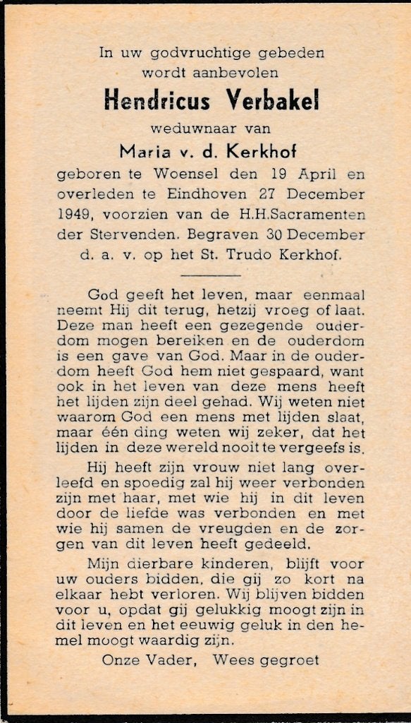 Verbakel Hendricus  Woensel 1949 Eindhoven, Ophalen of Verzenden, Bidprentje