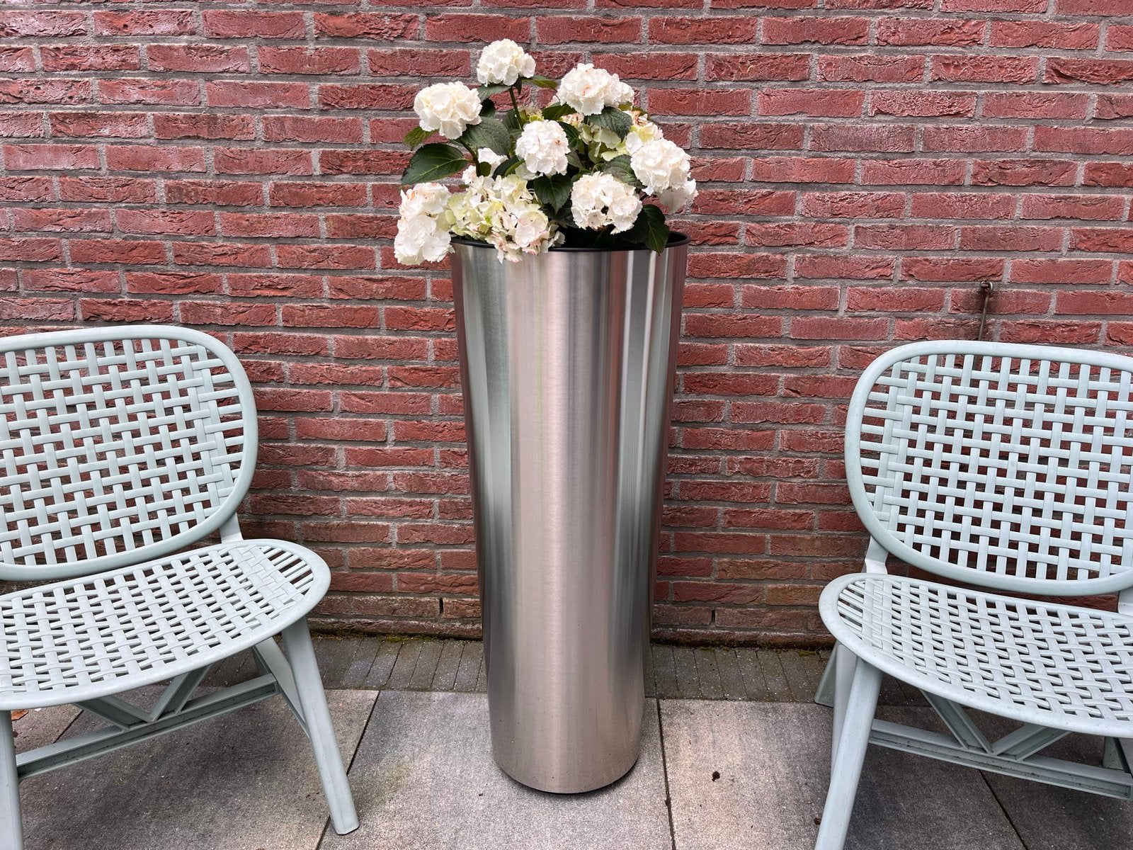 2x RVS Bloembakken/Terraspotten - 100cm Hoog, Ø39cm, Ophalen, Minder dan 60 cm, Rond, Zo goed als nieuw