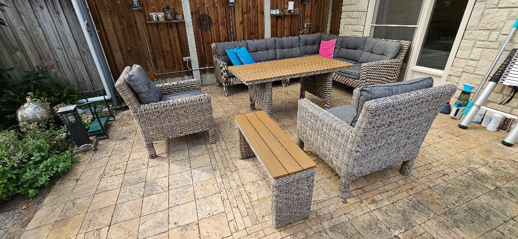 Te koop Loungeset met hoekbank en eettafel, Ophalen, Gebruikt, 8 zitplaatsen, Loungeset