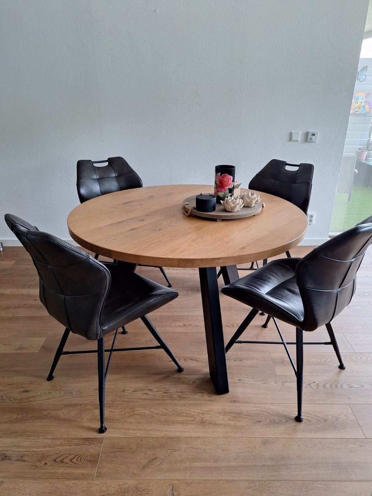 Ronde eettafel  - Eikenhout en metaal, Huis en Inrichting, Tafels | Eettafels, Ophalen, Rond, Zo goed als nieuw, Eikenhout