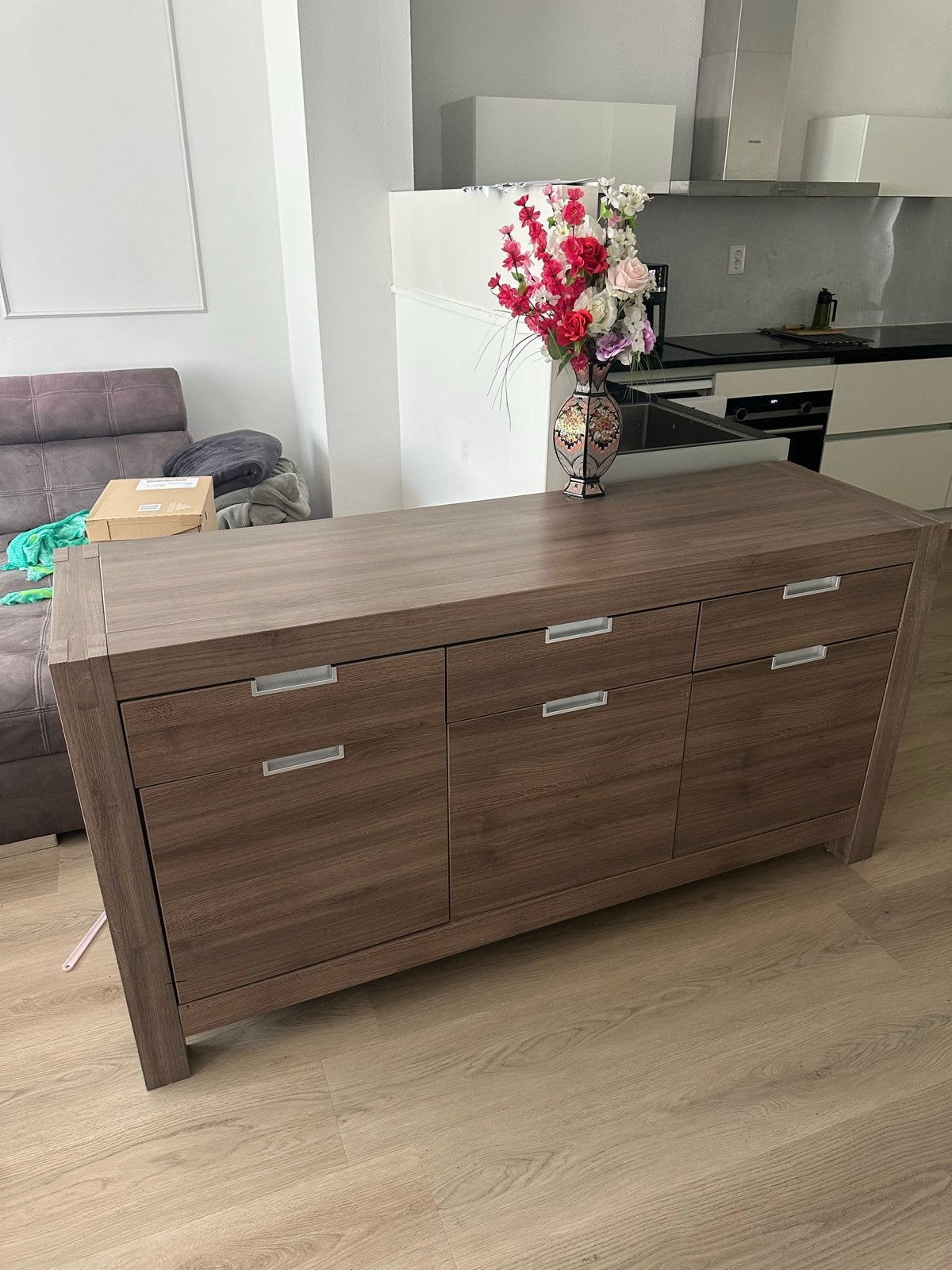 Dressoir, keuken, opberg- kast, bruin walnoot japandi, Ophalen, 100 tot 150 cm, Zo goed als nieuw, Met lade(s)