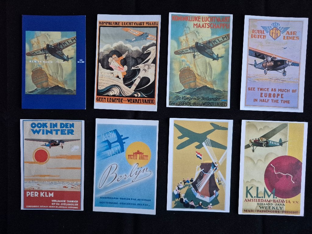 8 KLM affiche ansichtkaarten (A267), Verzamelen, Ophalen of Verzenden, Gebruikt, Kaart, Foto of Prent