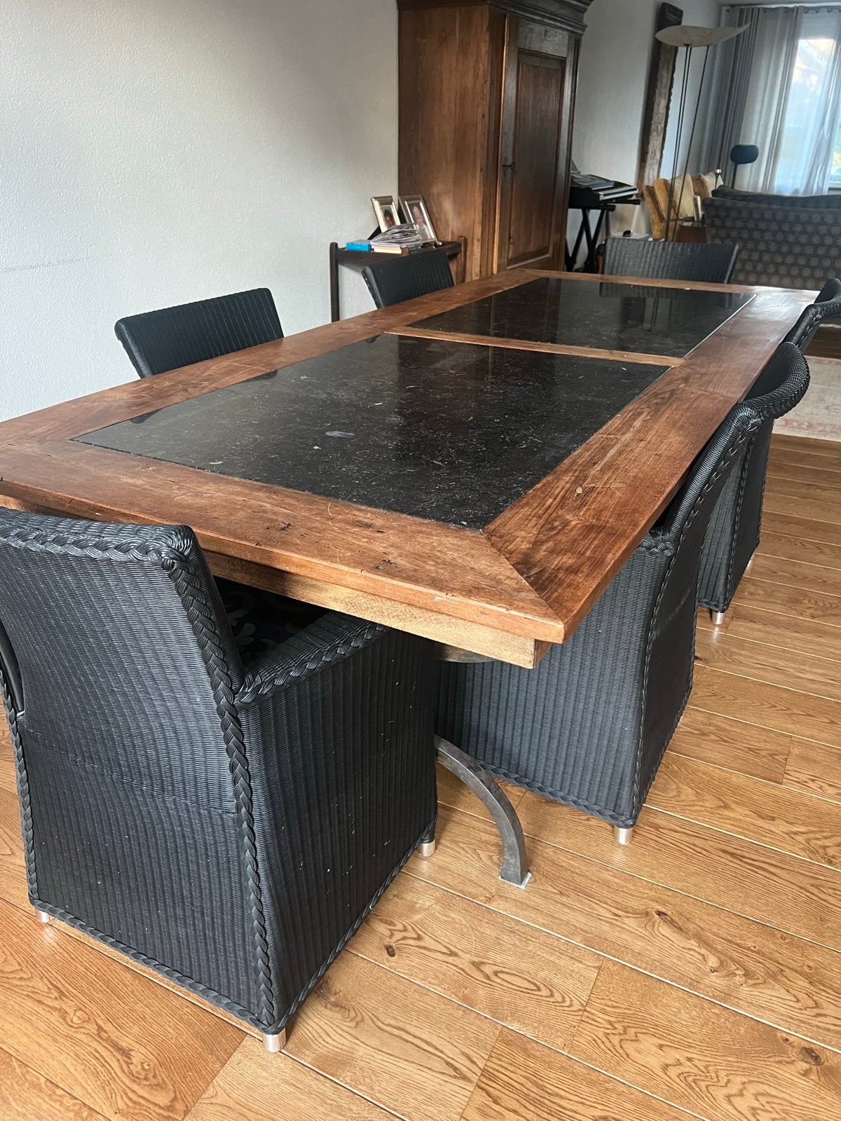 Artistiek Arduin Eettafel met Houten Rand (250x110cm), Ophalen, Overige materialen, Gebruikt, 100 tot 150 cm