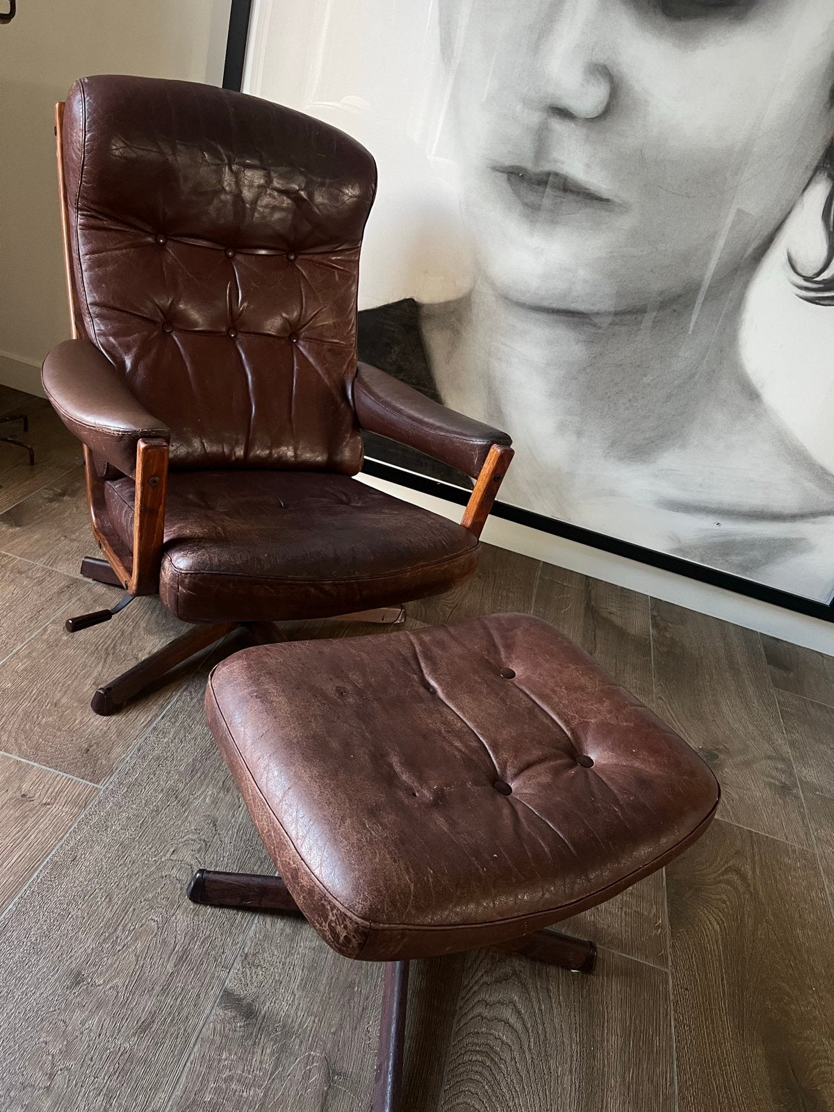 Vintage Leren Fauteuil met Voetenbank - Bruin, Ophalen