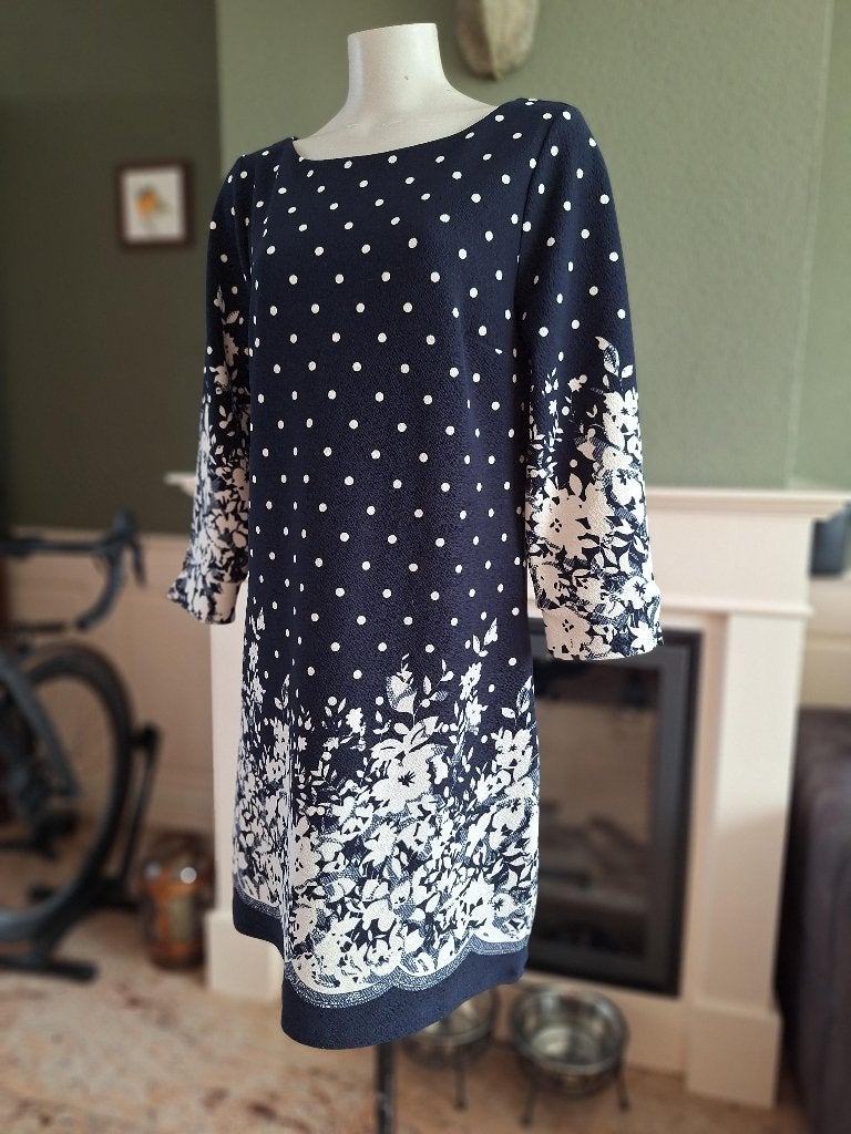 K-Design K Design gevoerde blauw crème jurk L, Kleding | Dames, K-design, Maat 42/44 (L), Zo goed als nieuw, Knielengte