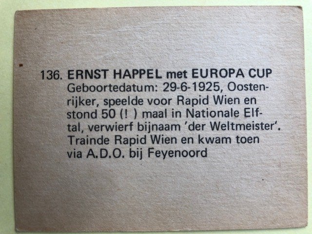 Voetbalplaatje Feyenoord  Ernst Happel Monty Gum album, Verzamelen, Ophalen of Verzenden, Gebruikt, Feyenoord, Spelerskaart
