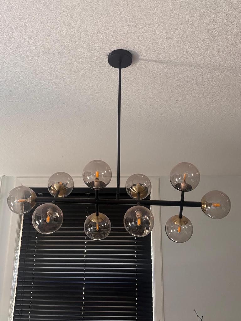 MADE bollen lamp messing zwart rookglas kroonluchter, Ophalen, Zo goed als nieuw, Metaal
