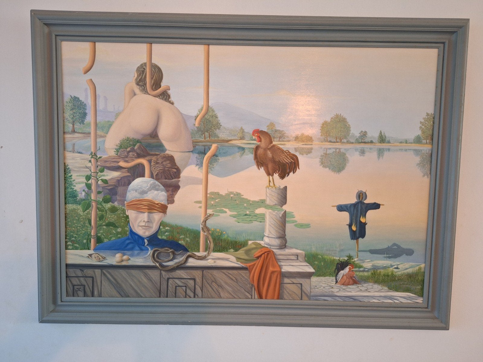 Groot surrealistisch schilderij, gemonograveerd en gedateerd, Antiek en Kunst, Kunst | Schilderijen | Modern, Ophalen