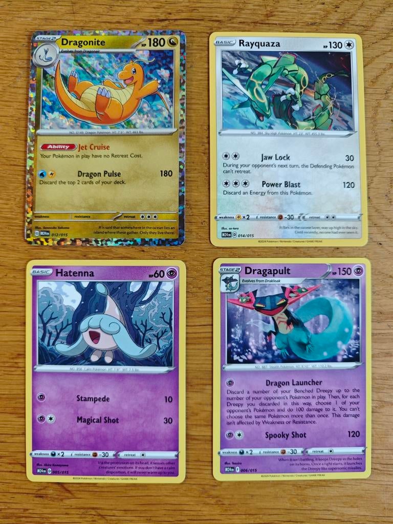 4 Pokémon kaarten: Dragonite, Rayquaza, Dragapult, Hatenna, Ophalen of Verzenden, Nieuw, Meerdere kaarten